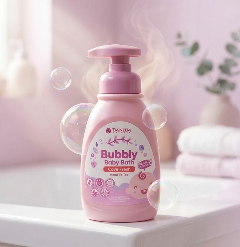 Bubbly Baby Bath bottle on a bathroom shelf with soap bubbles