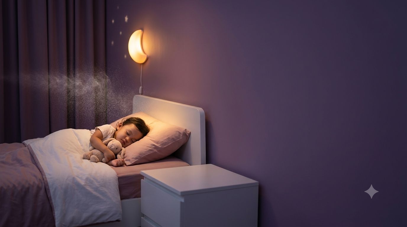Toddler asleep in a dim bedroom as pillow mist drifts over the bed